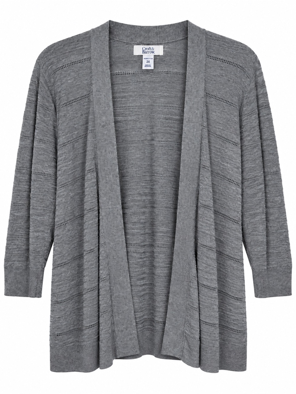 Barrow Cardigan Sweater Women 2X Plus Gray Open Front Pointelle Knit